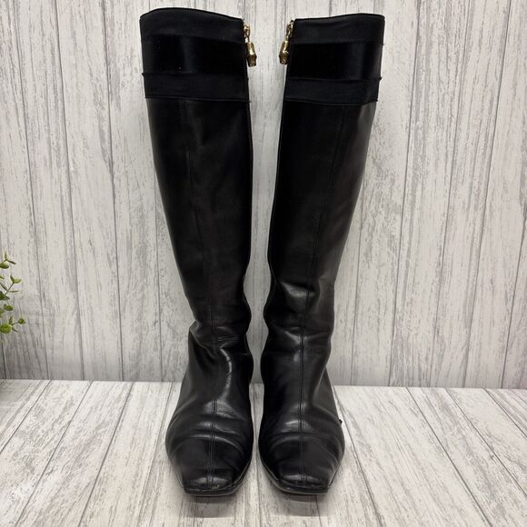 Womens Size 9.5 Gucci Black Leather Riding Boots Bamboo Gold Charm - Picture 2 of 16